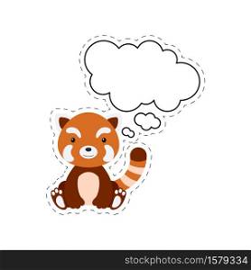 Cute cartoon red panda with speech bubble sticker. Kawaii character on white background. Cartoon sitting animal postcard clipart for birthday, baby shower, party event. Vector stock illustration.