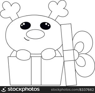 Cute cartoon Reindeer in gift box. Draw illustration in black and white