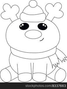 Cute cartoon Reindeer in hat and scarf. Draw illustration in black and white