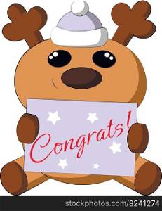 Cute cartoon Reindeer with congratulation. Draw illustration in color