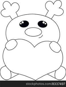 Cute cartoon Reindeer with heart. Draw illustration in black and white.