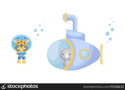 Cute cartoon rhino looks out of submarine window and cute giraffe in diving suit swim underwater. Design of t-shirt, album, card, invitation. Flat vector illustration isolated on white background.