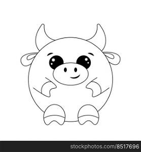 Cute cartoon round Bull. Draw illustration in black and white