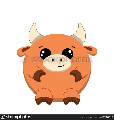 Cute cartoon round Bull. Draw illustration in color