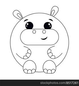 Cute cartoon round Hippo. Draw illustration in black and white