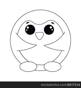 Cute cartoon round Penguin. Draw illustration in black and white
