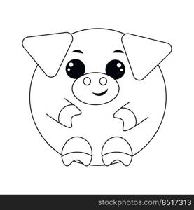 Cute cartoon round Pig. Draw illustration in black and white