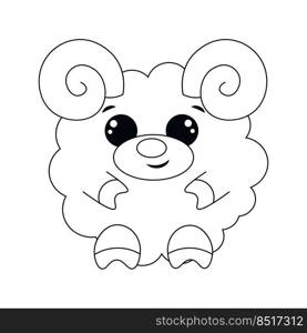 Cute cartoon round Ram. Draw illustration in black and white