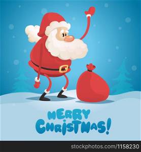 Cute cartoon Santa Claus delivering gifts in big bag Merry Christmas vector illustration Greeting card poster.