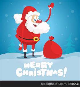 Cute cartoon Santa Claus delivering gifts in big bag Merry Christmas vector illustration Greeting card poster.
