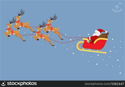 Cute cartoon Santa Claus flying on a sleigh with reindeers isolated on blue background - Vector illustration