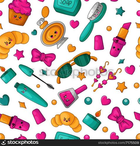 Cute cartoon seamless pattern with kawaii cosmetics - lipstick, comb or brush, mascara, sunglasses, bow, nail polish, earrings, croissant and cake, woman beauty stuff or girls accessory, vector flat. Kawaii Girls Stuff