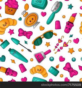 Cute cartoon seamless pattern with kawaii cosmetics - lipstick, comb or brush, mascara, sunglasses, bow, nail polish, earrings, croissant and cake, woman beauty stuff or girls accessory, vector flat. Kawaii Girls Stuff