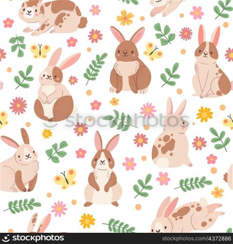 Cute cartoon seamless pattern with rabbit, flower and butterfly. Spring floral background with easter bunny. Childish animals vector print. Cute rabbit pattern background design. Cute cartoon seamless pattern with rabbit, flower and butterfly. Spring floral background with easter bunny. Childish animals vector print