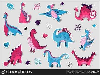 Cute cartoon set of dino stickers in scandinavian style, vector illustration for children, kid sticker pack. Cute cartoon dino