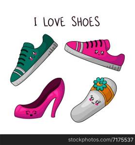 Cute cartoon set with kawaii fashion girls shoes - pink sneakers, slippers; flip flops, classic court shoes, woman stuff concept, vector flat illustration. Kawaii Girls Stuff