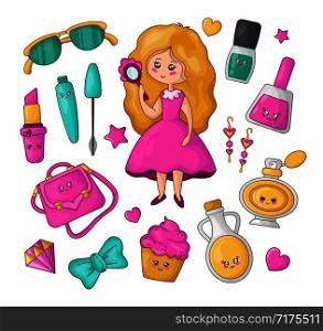Cute cartoon set with kawaii little girl and cosmetics, fashion things - lipstick, nail polish, mascara, perfume, cream, pink handbag, bow, woman stuff or girls accessory, vector flat illustration. Kawaii Girls Stuff