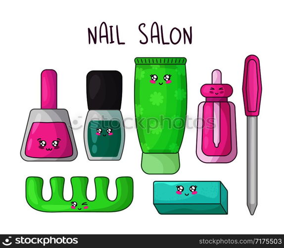 Cute cartoon set with kawaii manicure products - nail polish, hand cream, cuticle oil, nail file, woman stuff or girls beauty accessory concept - manicure salon, vector flat illustration. Kawaii Girls Stuff