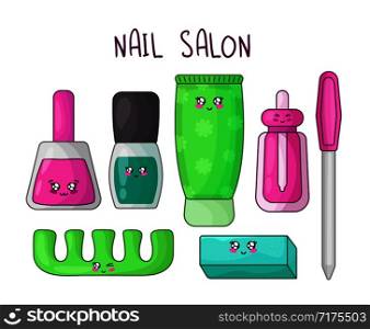 Cute cartoon set with kawaii manicure products - nail polish, hand cream, cuticle oil, nail file, woman stuff or girls beauty accessory concept - manicure salon, vector flat illustration. Kawaii Girls Stuff