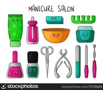 Cute cartoon set with kawaii manicure products - nail polish, hand cream, cuticle oil, scissors, nail file, woman stuff or girls accessory concept - manicure salon, vector flat illustration. Kawaii Girls Stuff