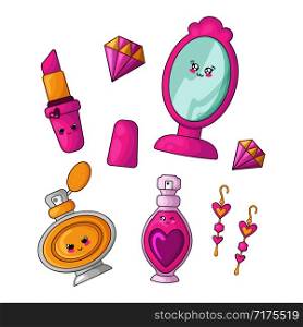 Cute cartoon set with kawaii pink glamour cosmetics and accessories - lipstick, earrings, perfume, crystal or diamond, mirror, woman stuff or girls fashion things, vector flat illustration. Kawaii Girls Stuff