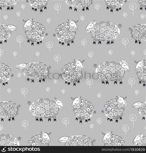 Cute cartoon sheep on a gray background. Seamless pattern.