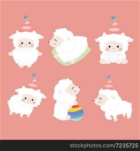Cute cartoon sheep set on pastel background.