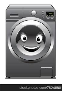 Cute cartoon silver washing machine with a happy face in the door, isolated on white background