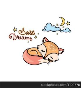 Cute cartoon sleeping fox-sweet dreams at night,animal character or mascot,isolated on white background,vector illustration