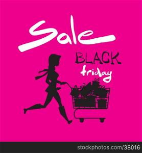 Cute cartoon slim woman silhouette running with shopping carts. Black friday sale design template. Vector flat illustration