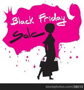 Cute cartoon slim woman silhouette with shopping bags. Black friday sale design template. Vector flat illustration