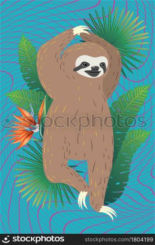 Cute cartoon sloth bear in a yoga pose with a tropical leaves illustration.