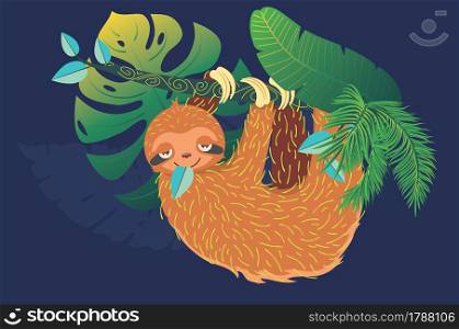Cute cartoon sloth bear with tropical leaves illustration.