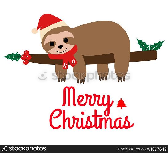 cute cartoon sloth icon on white background. flat style. christmas sloth sign. Merry Christmas card with cute sloth.