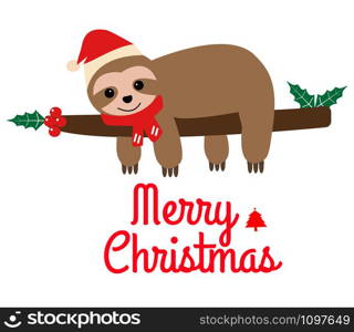 cute cartoon sloth icon on white background. flat style. christmas sloth sign. Merry Christmas card with cute sloth.