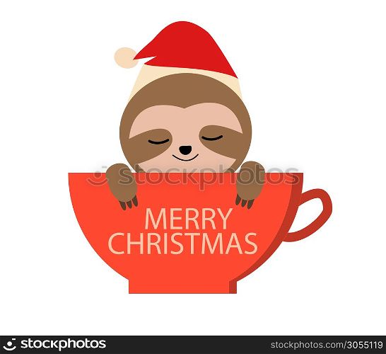 cute cartoon sloth in red coffee cup. can be used poster, greeting card, t shirt. christmas sloth sign. Merry Christmas with cute sloth.