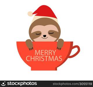 cute cartoon sloth in red coffee cup. can be used poster, greeting card, t shirt. christmas sloth sign. Merry Christmas with cute sloth.