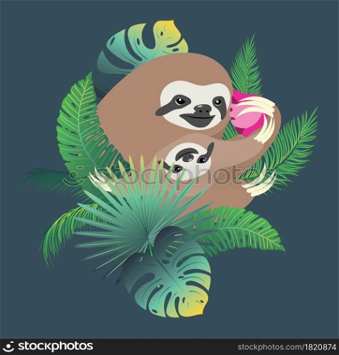 Cute cartoon sloth mother with the baby and tropical leaves illustration.