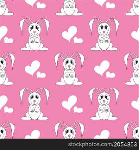 Cute cartoon smiling easter rabbit and white hearts on pink background seamless pattern. Vector illustration.