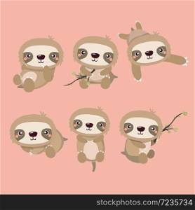Cute cartoon smiling lazy sloth set.