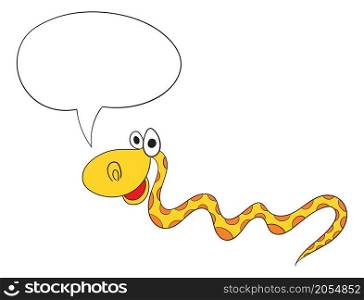 Cute cartoon smiling snake with speech bubble vector illustration.