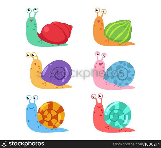 Cute cartoon snail vector set with different shells on white background