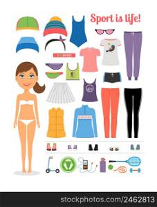 Cute Cartoon Sporty Girl with Assorted Fitness Clothing and Equipment Emphasizing Sport is Life Concept. Isolated on White.. Cartoon Girl with Fitness Clothing and Equipment