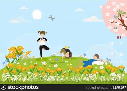 Cute cartoon Spring landscape with Children having fun the park, boy sleeping with cat under the tree, other kids doing yoga. Vector spring scene with birds family standing on cherry blossom branches.