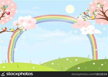 Cute cartoon Spring landscape with sherry blossom,Vector summer green field with rainbow colour,blue sky and pink cloud,Spring or Summer background,illustraion Banner template for Easter greeting card
