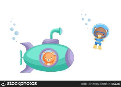 Cute cartoon squirrel looks out of submarine window and cute bear in diving suit swim underwater. Design of t-shirt, album, card, invitation. Flat vector illustration isolated on white background.