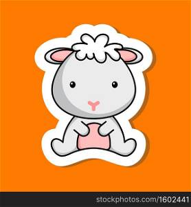 Cute cartoon sticker little sheep logo template. Mascot animal character design of album, scrapbook, greeting card, invitation, flyer, sticker, card. Vector stock illustration.