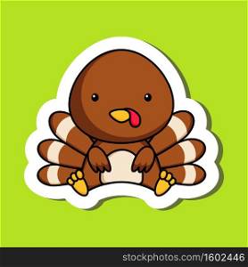 Cute cartoon sticker little turkey logo template. Mascot animal character design of album, scrapbook, greeting card, invitation, flyer, sticker, card. Vector stock illustration.