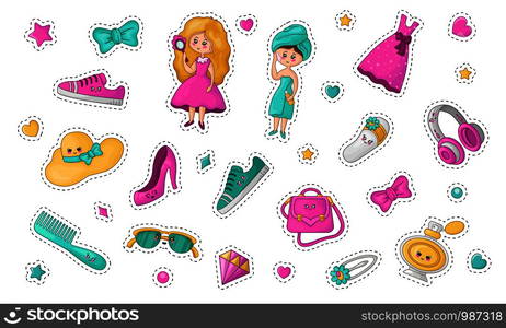 Cute cartoon sticker set with kawaii little girl and cosmetics, fashion things - pink dress, perfume, bow, hand bag, headphones, shoes, woman stuff or girls accessory, vector flat illustration. Kawaii Girls Stuff