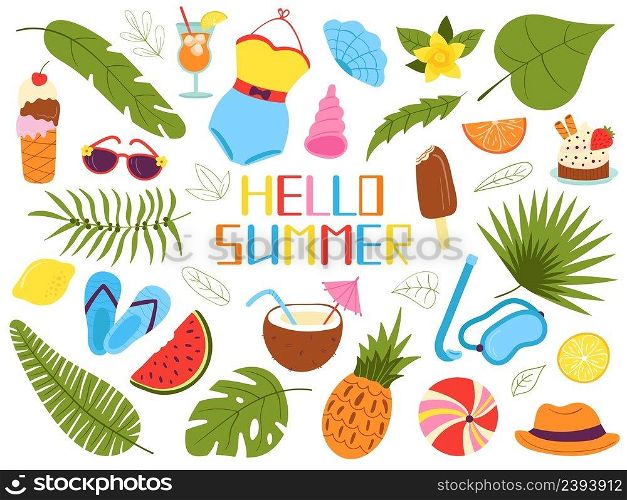 Cute cartoon summer elements. Kids vacations doodle stickers, underwater and seaside icons. Cute tropical beach drink, sweets, decent vector kit. Illustration of summer cartoon tropical. Cute cartoon summer elements. Kids vacations doodle stickers, underwater and seaside icons. Cute tropical beach drink, sweets, decent vector kit